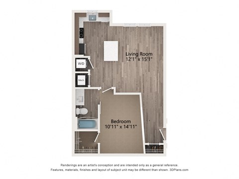 Floor plan for 1 bed, 1 bath, 725 sqft